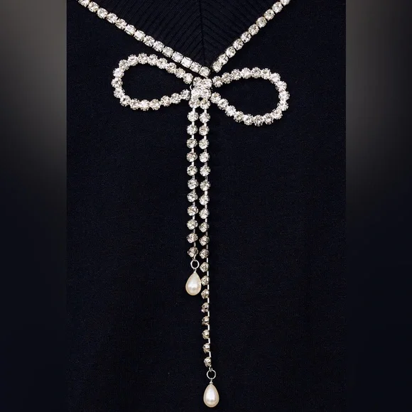 Express Rhinestone Bow Embellished Convertible Sweater Black Holiday New Years - Picture 5 of 15